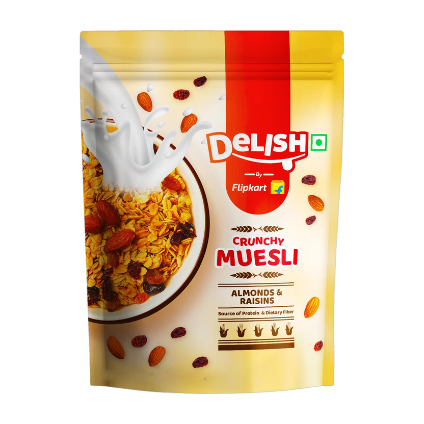 Delish Crunchy Muesli with 81% Multigrain Flakes with Real Almond & Raisins Pouch(400 g)