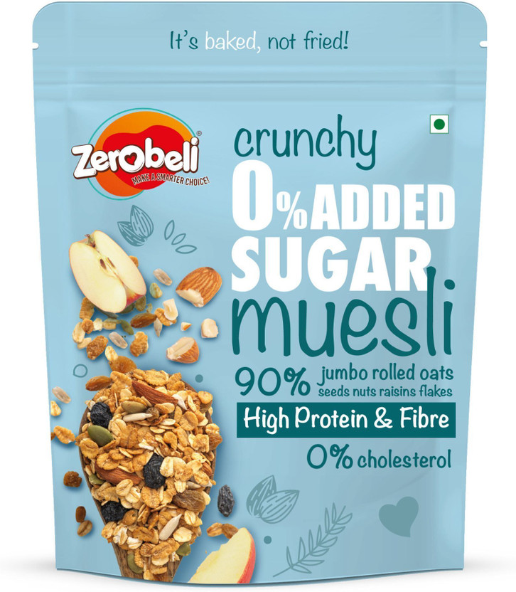 Zerobeli Crunchy 0% Added Sugar Muesli | High Protein Diabetic Friendly |100% Wholegrain Pouch(425 g)