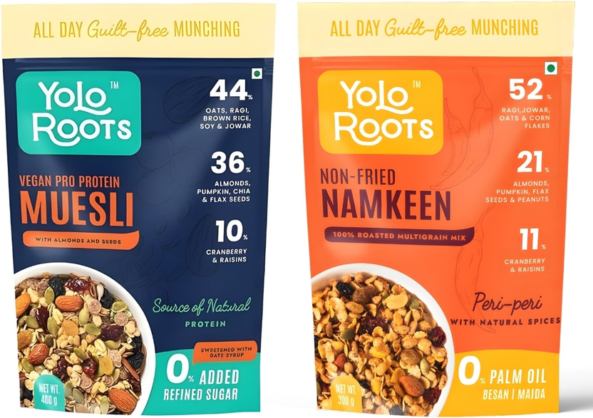 Yolo Roots Vegan Pro Protein Muesli 400g & Peri-Peri Multigrain Namkeen 300g Healthy Combo Pouch(2 x 350 g)