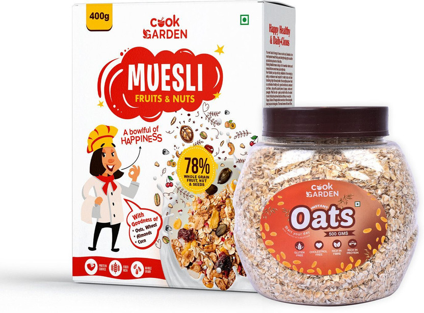Cook Garden Fruits & Nuts Muesli and Instant Oats Combo, Healthy Protein & Breakfast Cereal Box(2 x 450 g)