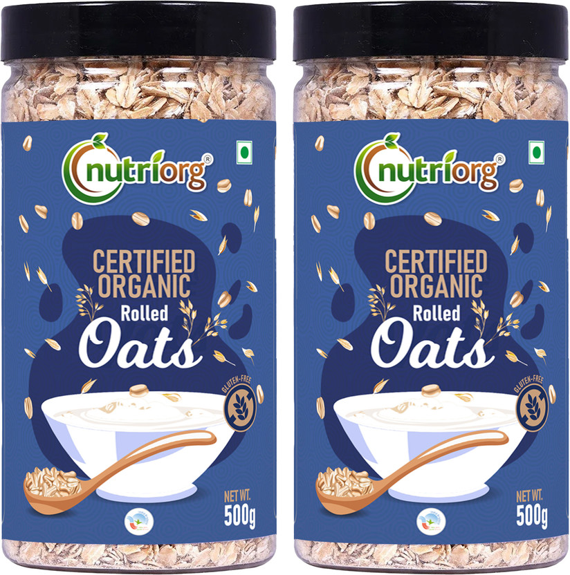 Nutriorg Certified Organic Rolled Oats Gluten Free 400g | High in Fiber & Protein Plastic Bottle(2 x 500 g)