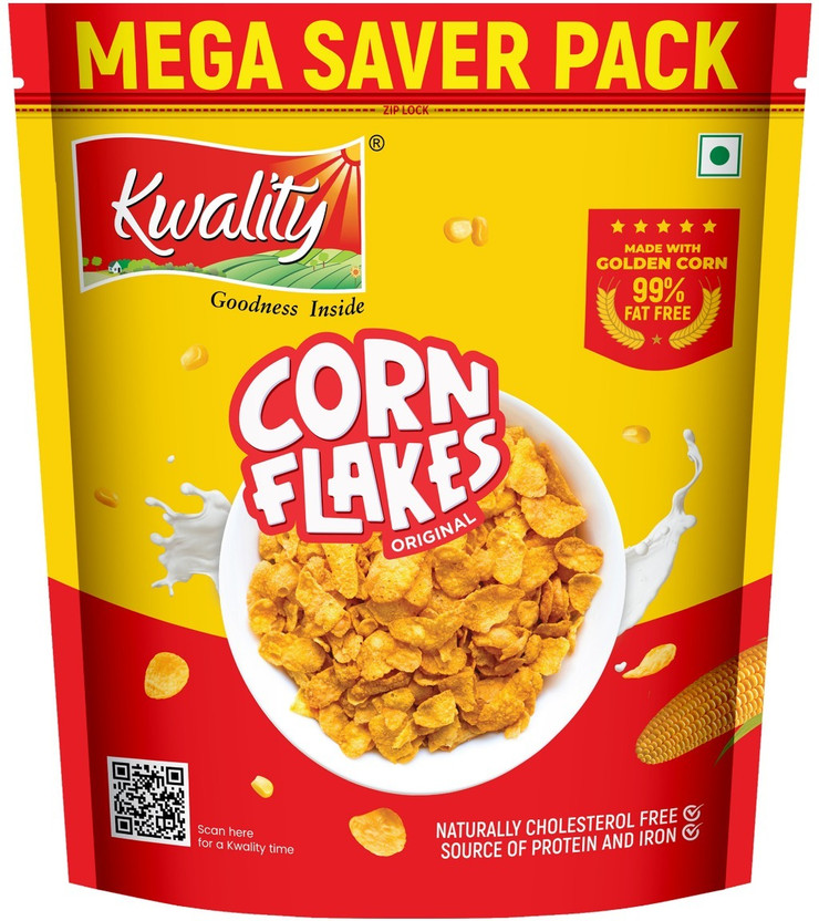 Kwality Corn Flakes, Natural Source of Vitamins, Iron & Proteins, Breakfast Cereal Pouch(1.2 kg)