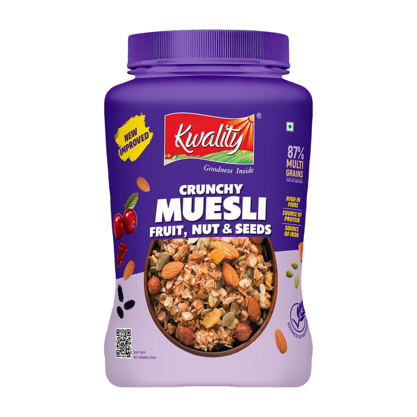 Kwality Crunchy Muesli Fruit,Nut &Seed 87% Multigrains,High in Fibre,Protein & Iron Jar(1 kg)