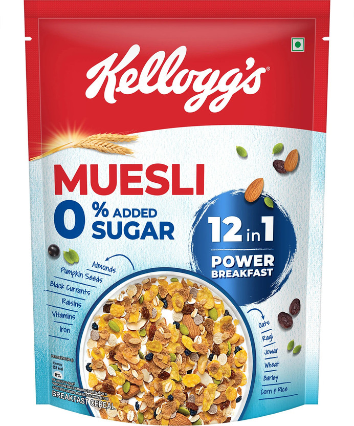 Kellogg's Muesli 0% Added Sugar| 12-in-1 Power Breakfast | Multigrain Breakfast Cereal Pouch(500 g)