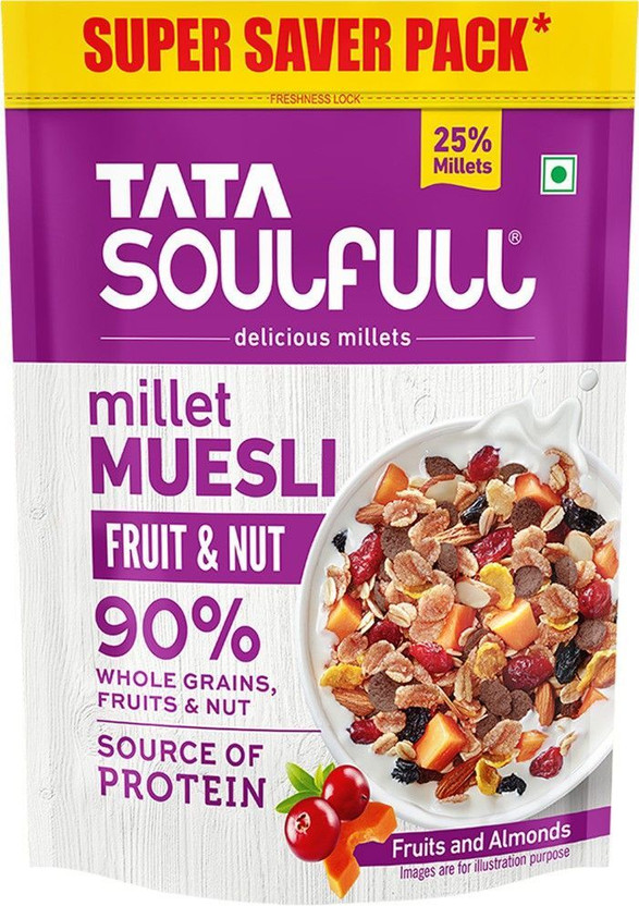 Tata Soulfull Millet Muesli, Fruit & Nut, 90% Whole Grains, High Protein, Breakfast Cereal Pouch(700 g)