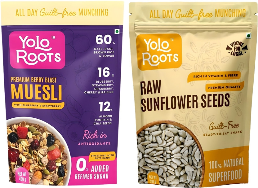 Yolo Roots Premium Berry Blast Muesli 400g + Sunflower Seeds 200g Healthy Breakfast Combo Pouch(2 x 300 g)
