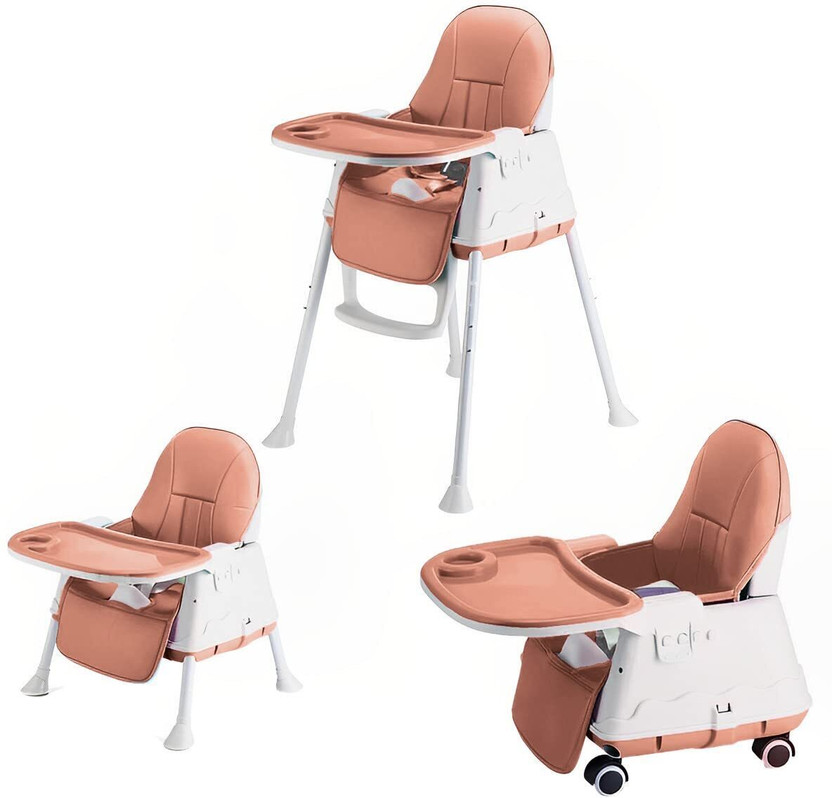 SYGA High Chair for Baby Kids, Safety Toddler Feeding Booster Seat Dining Table Chair with Wheel and Cushion (Brown)(White, Brown)