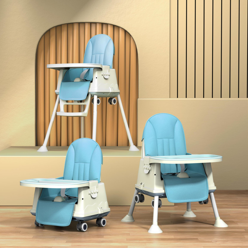 StarAndDaisy Folding Baby High Chair Recline Highchair Height Adjustable Feeding Seat Wheels *UPGRADED VERSION with wheel and PU cushion pad*(Blue)