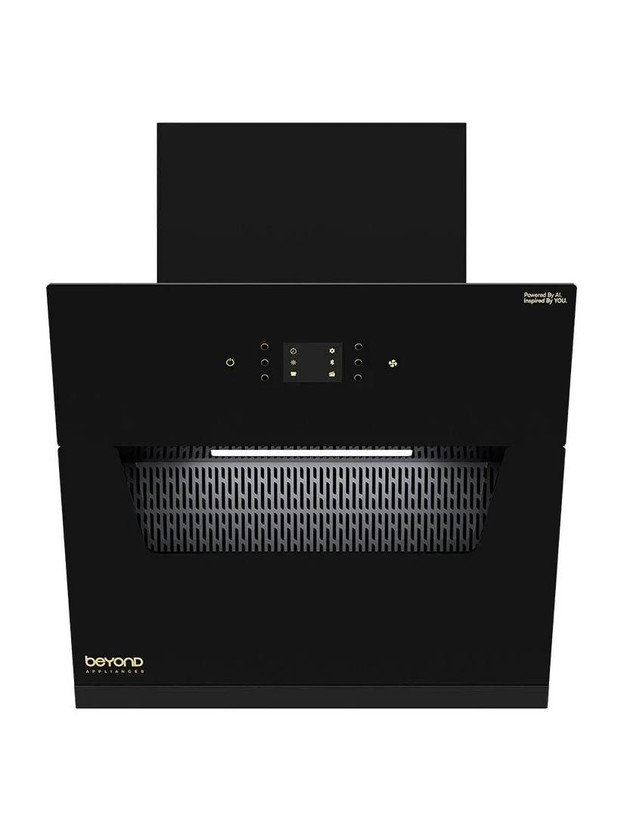 Beyond Appliances ELARA 60CM SMART SLANT CHIMNEY 1500 CMH 60 cm Filterless | Smart AI Dashboard, Motion Sensor & Speakers | Touch Control | Radio | Whistle Counter | Black Auto Clean Chimney(Wall Mounted, Black)