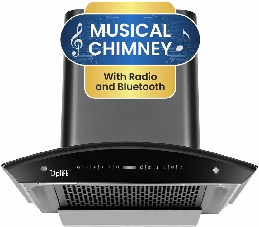 Uplift Disco 60 Musical 1350 CMH 60 cm Curve Glass 11 Filterless Inbuilt Radio & Bluetooth Powerful suction Low Noise Auto Clean Chimney(Wall Mounted, Black)
