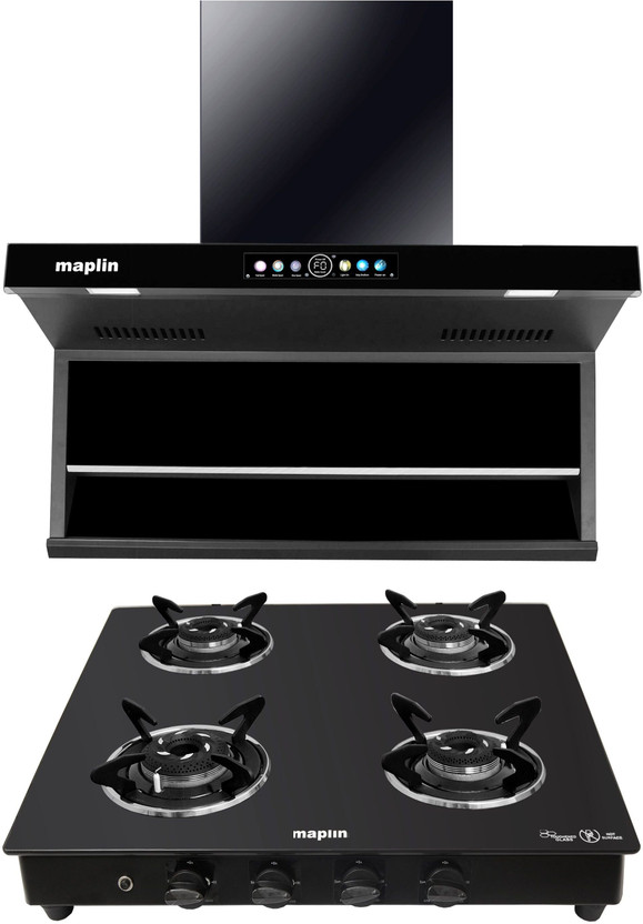 Maplin Combo of 4 Burner LPG Cooktop (SC04) and Kitchen Chimney T05 (90cm) 1400 CMH 90 cm Auto Clean Chimney(Wall Mounted, Black)