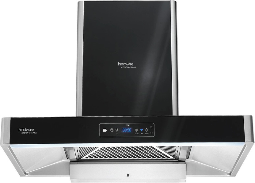 Hindware Smart Appliances Optimus i-pro 90 Auto Clean | Maxx Technology | T-Shape | Filterless | IOT Enabled | Touch with Gesture Control, Motion Sensor | Energy Efficient LED Light | Powerful Suction | Wall Mounted Black, Inox 1400 CMH Chimney