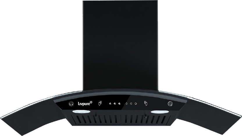 LIVPURE Elega-90 Auto Clean Curved Glass 90 cm| 6 Years Motor Warranty|Heat Autoclean| Gesture Control| Baffle Filter|Powerful Suction | Low Noise Wall Mounted Black 1300 CMH Chimney
