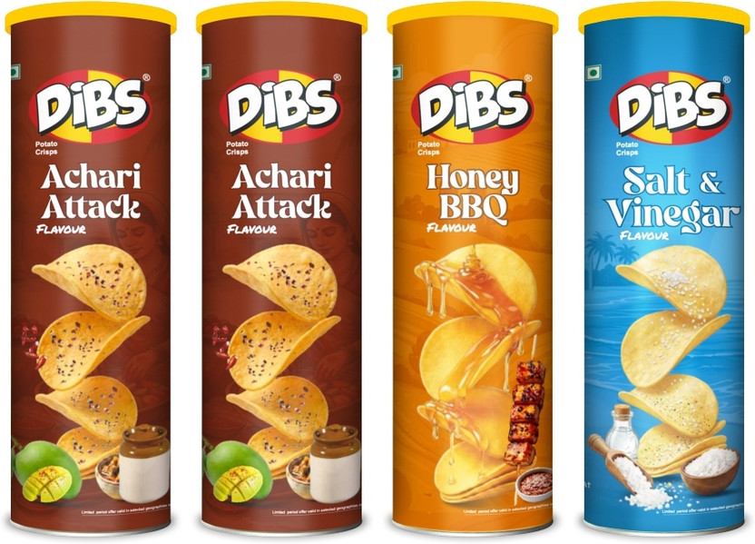 DIBS Potato Chips-Pack of 4 (Achari Attack x 2, Honey BBQ x 1, Salt & Vinegar x 1) Chips(4 x 102 g)