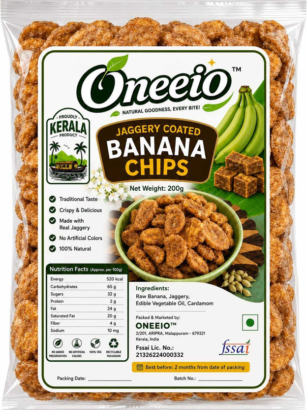 oneeio Kerala Jaggery Coated Banana Chips | Sharkara Varatti Chips(200 g)