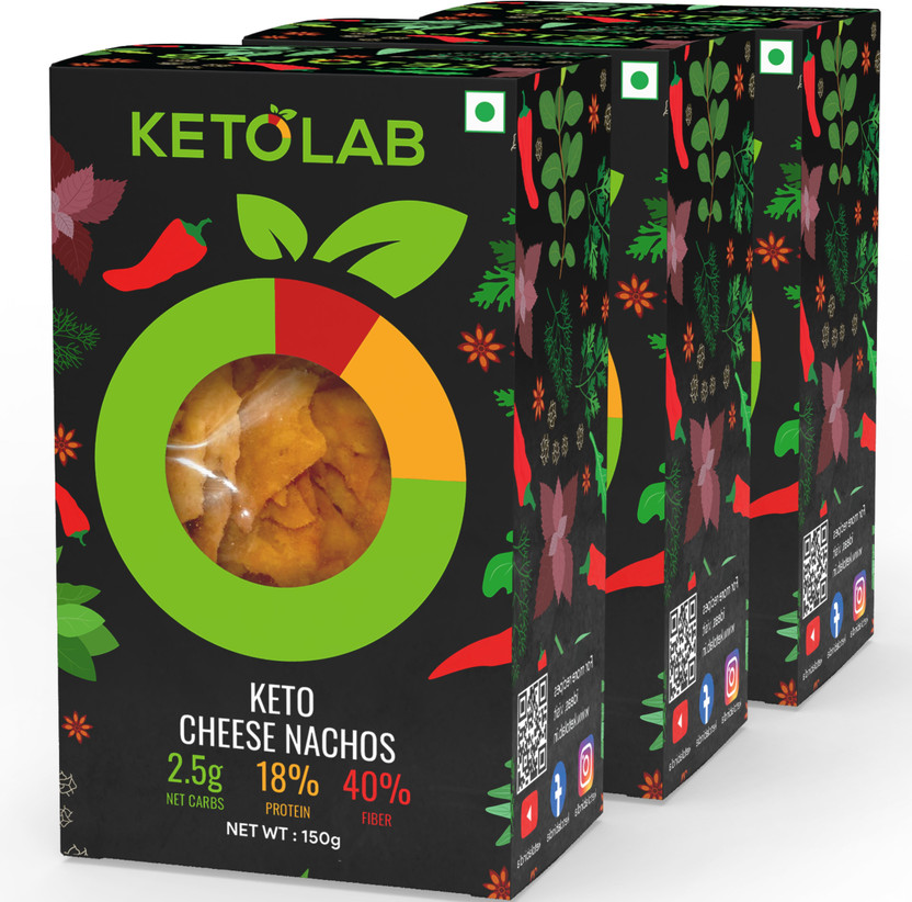 Ketolab Keto Cheese Nacho Chips, 2.5g Net Carbs, 18% Protein & 40% Fibre, Nachos(3 x 150 g)