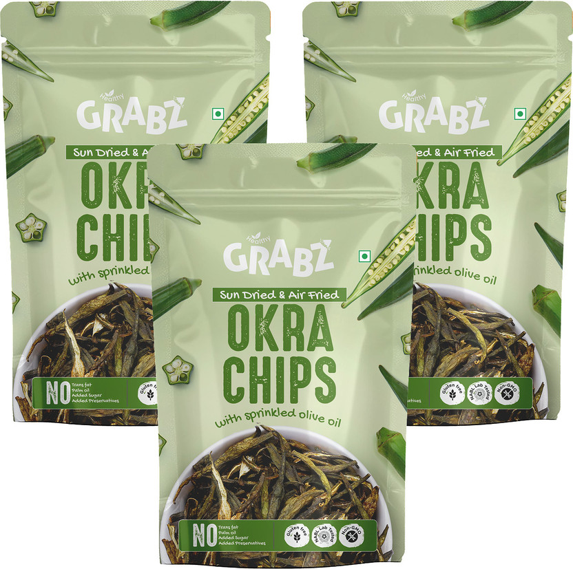 grabz Solar-Dried Air-Cooked Okra / Bhindi Chips (3 x 20 g) |Healthy Snacks Chips(3 x 20 g)