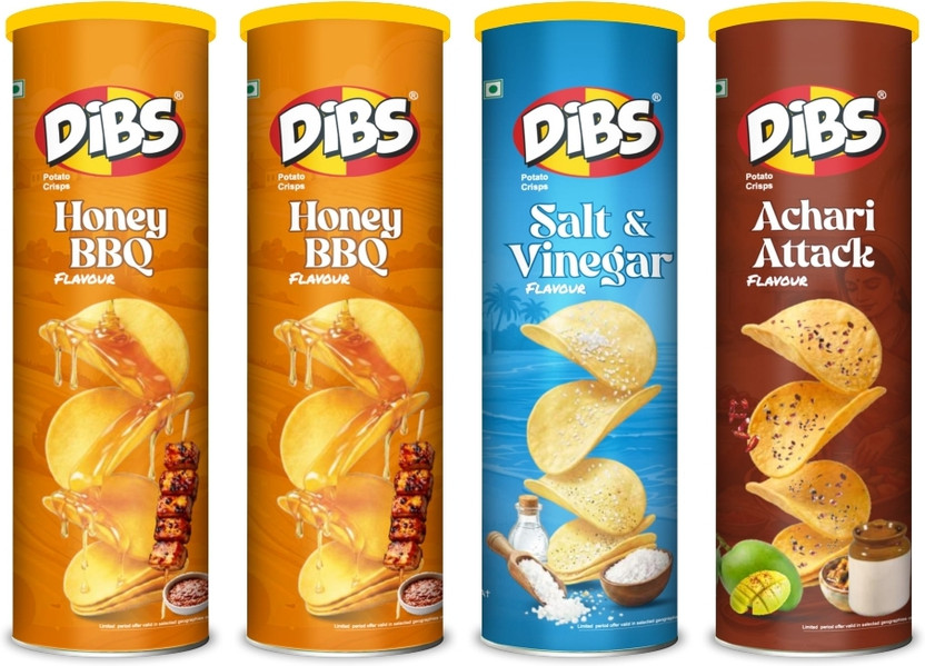 DIBS Potato Chips-Pack of 4 (Honey BBQ x 2, Salt & Vinegar x 1, Achari Attack x 1) Chips(4 x 102 g)