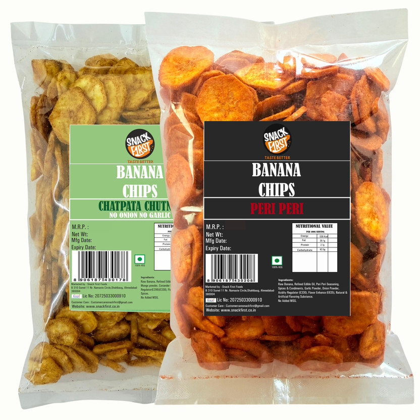 SNACK FIRST Banana Chips Crispy Snack, Combo of 2, peri peri & Chutney Flavor Chips(2 x 200 g)