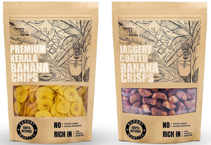 FLAVORS OF KERALA (FOK)-Combo|Kerala Banana Chips In Coconut Oil & Jaggery Coated Banana Chips Chips(2 x 700 g)
