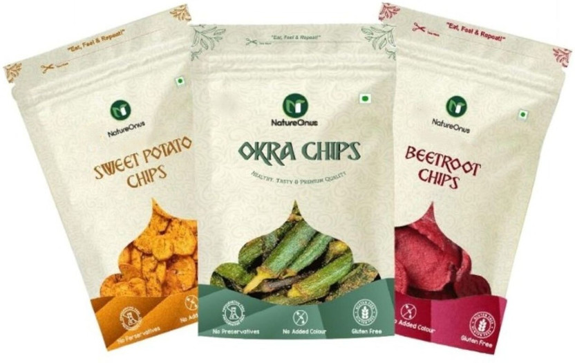 NatureOnus Fried Chips 43G, Combo Pack of 3 – Okra, Beetroot & Sweet Potato | 129Gms Chips(3 x 43 g)