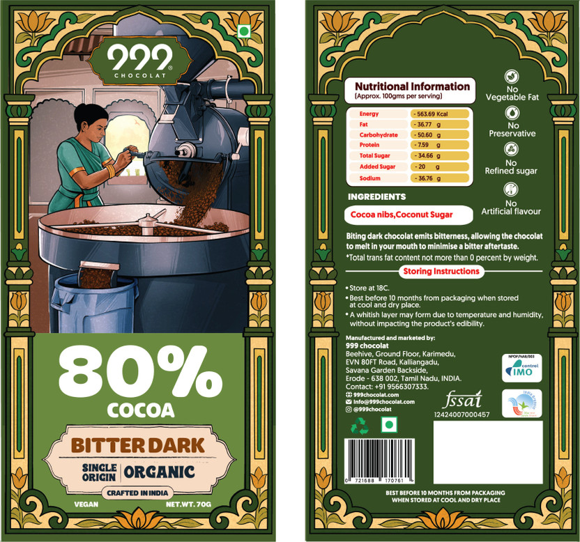 999 999 CHOCOLAT 80% Organic Dark Chocolate for Healthy Snacking & Gifting, Handcrafted Chocolate Bar Gift Pack(70 g) - Flipkart Deal