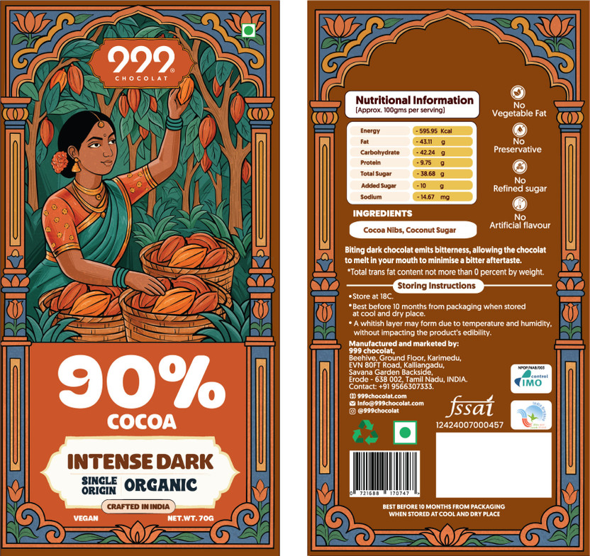 999 CHOCOLAT 90% Dark Chocolate for Healthy Snacking & Gifting, Organic Handcrafted Chocolate Bar Gift Pack(2 x 70 g)