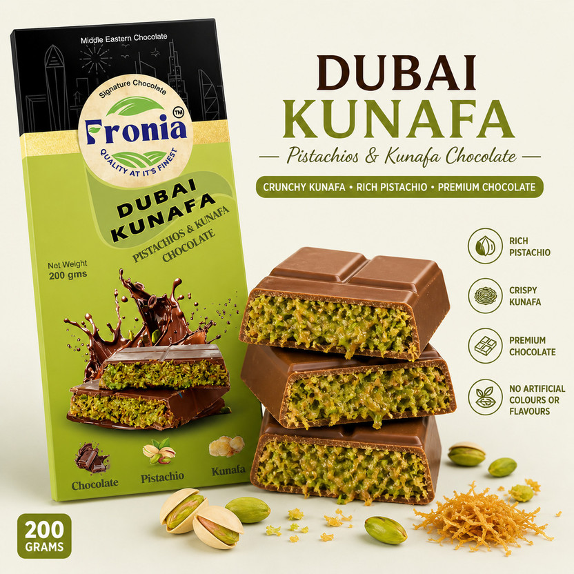 fronia Dubai Kunafa Pistachio Chocolate Bar Premium Middle Eastern Sweet Bar Gift Pack(200 g)