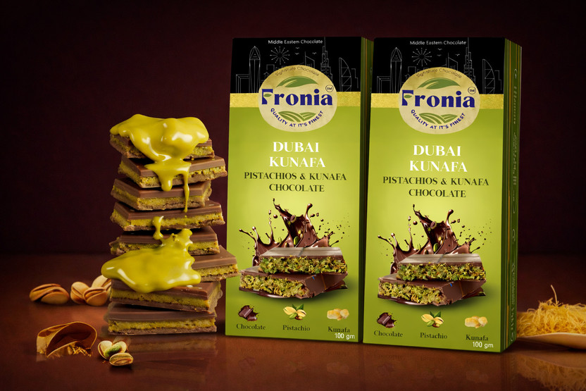 fronia Dubai Kunafa Pistachio Chocolate Bar | Premium Middle Eastern Fusion Sweet 200GM Bar Gift Pack(2 x 100 g)