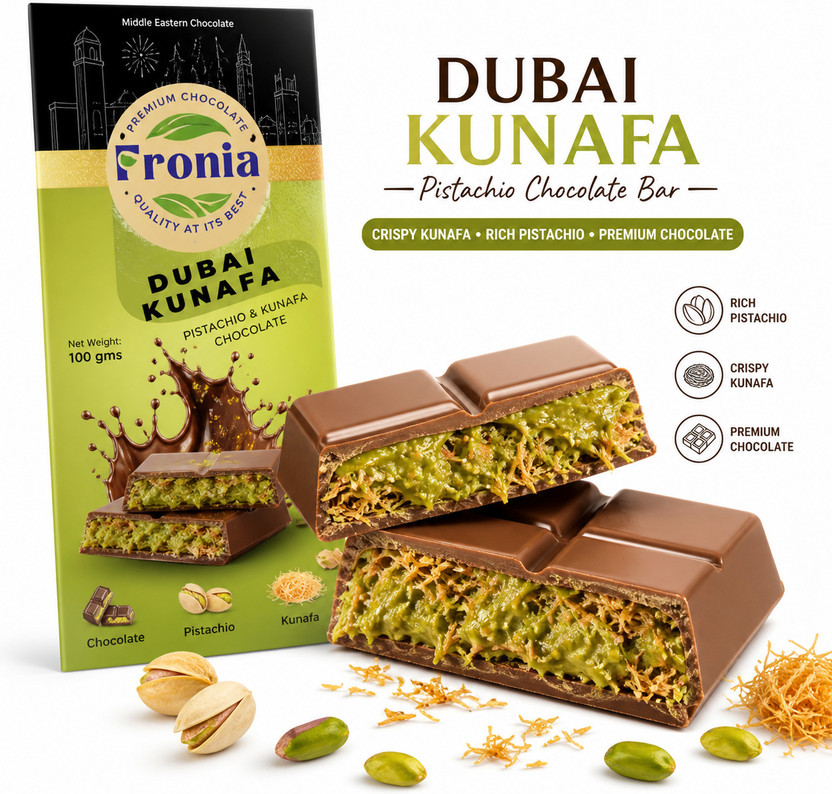 fronia Dubai Kunafa Pistachio Chocolate Bar | Premium Middle Eastern Fusion Sweet Bars(100 g)