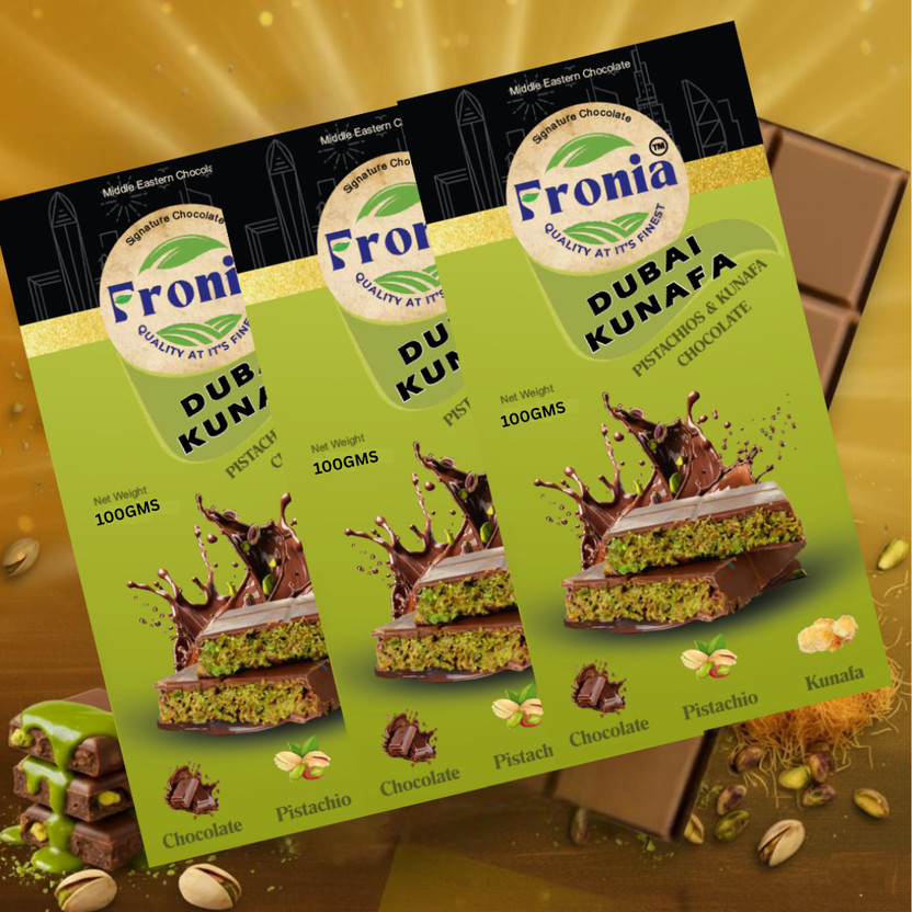 fronia Dubai Kunafa Pistachio Chocolate Bar | Premium Middle Eastern Fusion Sweet 100GM Bar Gift Pack(3 x 100 g)