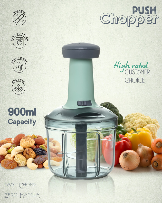 OFFYX Big size hand push 900 ML with 4 Stainless Steel Blades Vegetable & Fruit Chopper(1 Bowl with LID, 1 cutter 4X Blade, 1 Handle)