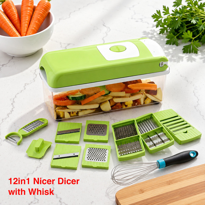 SPACE 12 in 1 Unbreakable Vegetable Cutter, Chopper, Grater, Slicer, Peeler Vegetable & Fruit Grater & Slicer(1 - 12in1 Nicer Dicer, 1 - Whisk)