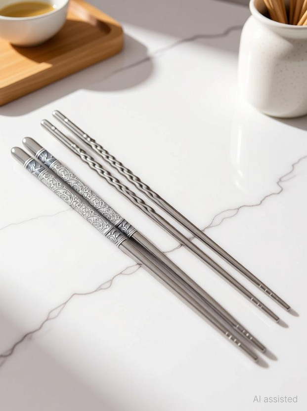 HICHAKI Eating, Cooking, Training, Chewing, Decorative Stainless Steel Korean, Chinese, Japanese, Vietnamese Chopstick(Steel, Grey Pack of 4)