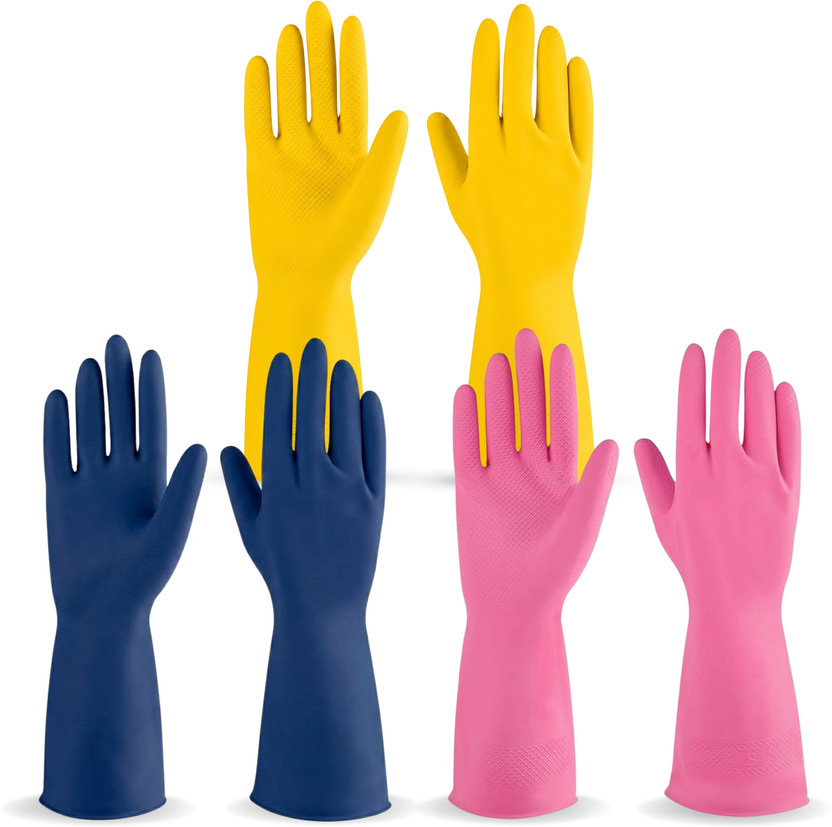 Hy-savio Rubber Dishwashing Gloves for Kitchen, Waterproof Reusable Cleaning Hand Gloves Wet and Dry Disposable Glove Set(Large Pack of 3)