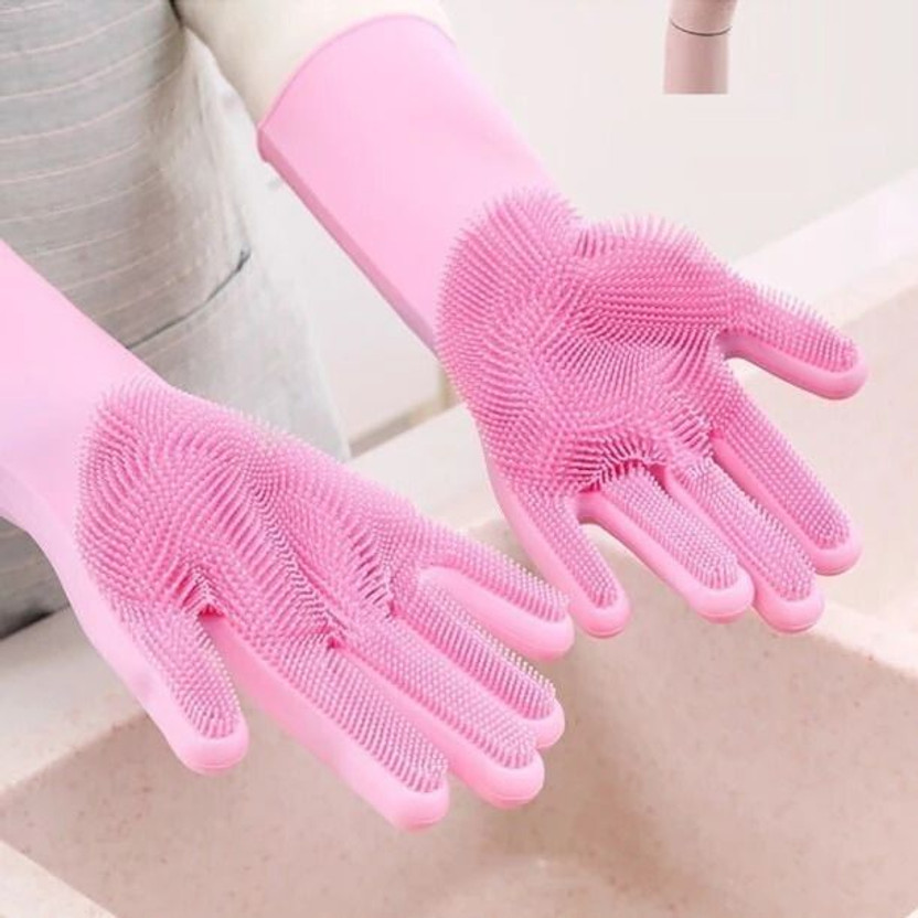 ABlue Clipper Silicon Gloves with Wash Scrubber Reusable Heat Resistant Kitchen Tool for Clean Wet and Dry Glove(Free Size)