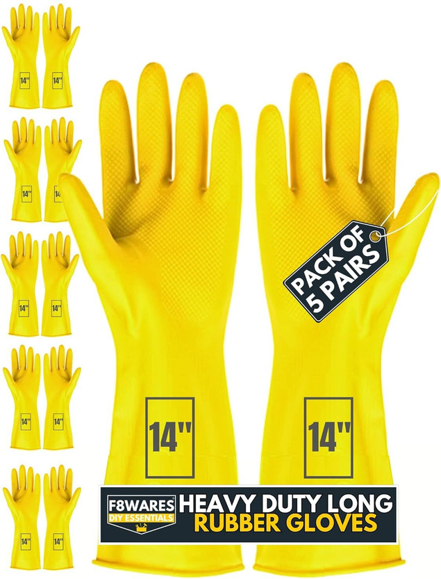 F8WARES 14inch Reusable Dishwashing Industrial Gardening Cleaning Rubber Hand Gloves Wet and Dry Glove Set(Large Pack of 5)
