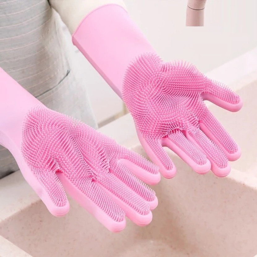 ABlue Clipper Silicon Gloves with Wash Scrubber Reusable Heat Resistant Kitchen Tool for Clean Wet and Dry Glove(Free Size)
