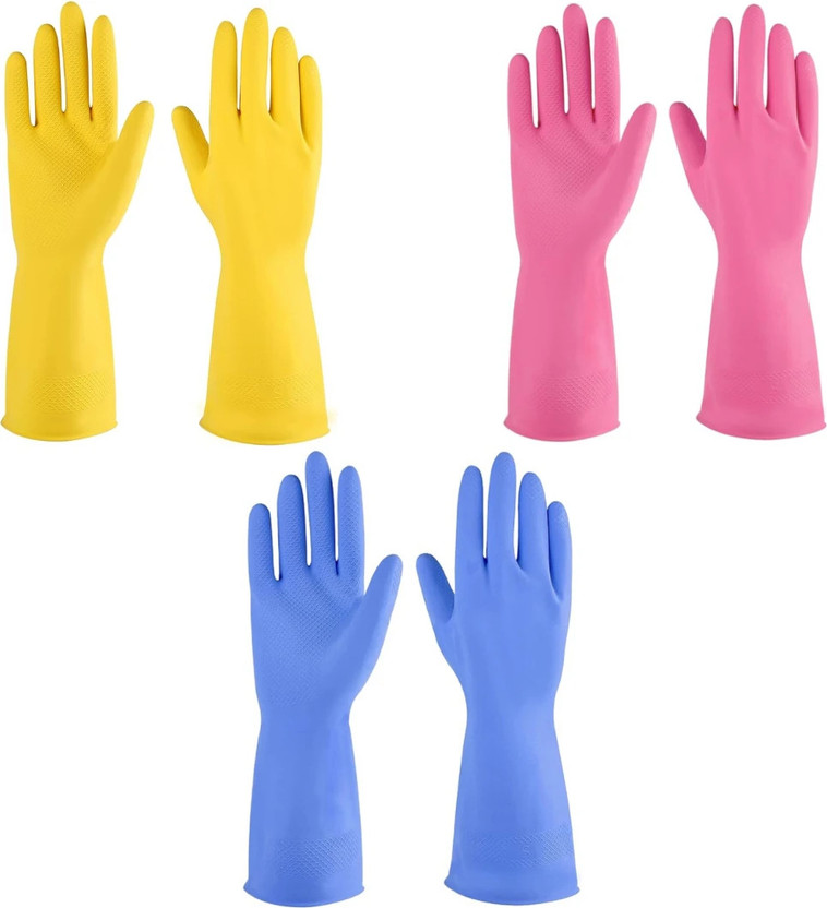 Donizard Hallark Long Sleeves Rubber Washable Reusable Kitchen Farming Agricular 3 Pair Wet and Dry Disposable Glove Set(Free Size Pack of 3)