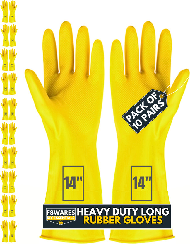 F8WARES 14inch Reusable Dishwashing Industrial Gardening Cleaning Rubber Hand Gloves Wet and Dry Glove Set(Large Pack of 10)