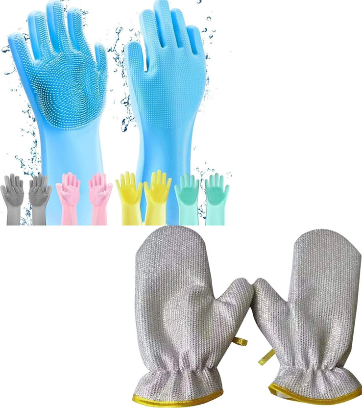 Zenesys Combo Of Wire Dish Washing Gloves And Silicone Gloves For Household Work Wet and Dry Disposable Glove Set(Free Size Pack of 4)