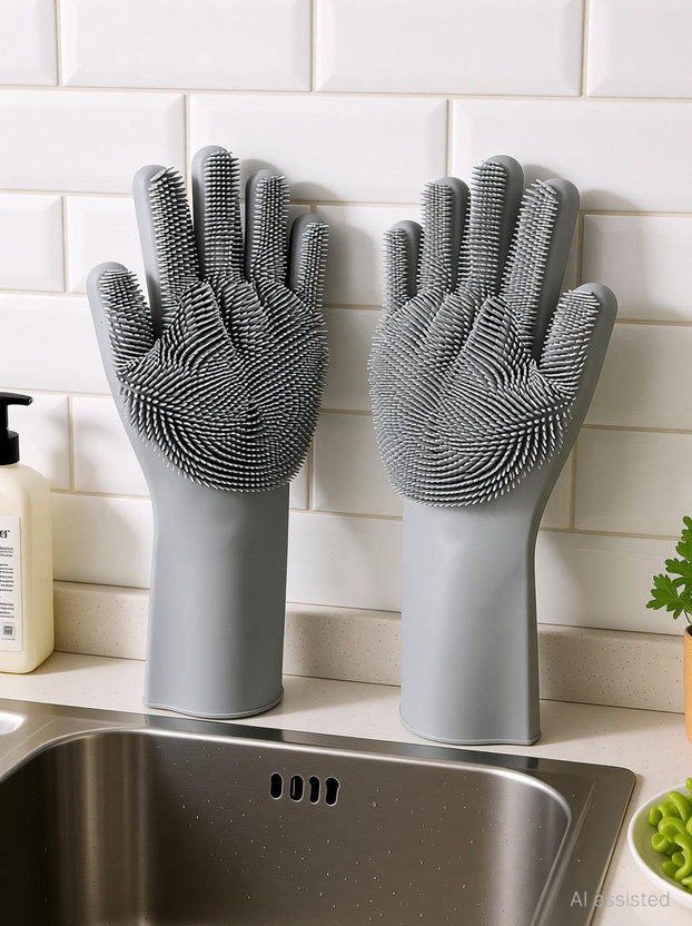 Nea Dishwashing Gloves with Wash Scrubber + Magic Silicone Gloves + Heat Resistant + Reusable Cleaning Gloves for Kitchen,Car, Bathroom and Pet -(Grey, 1 Pair) Wet and Dry Glove Set(Free Size Pack of 2)