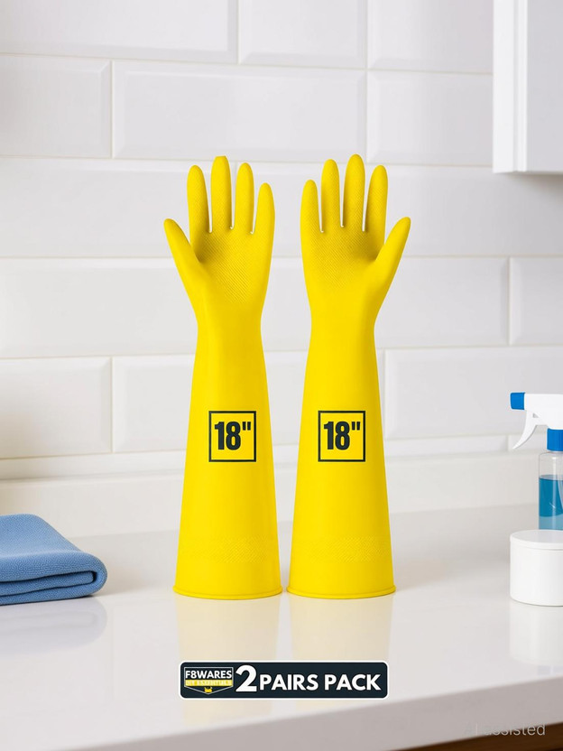 F8WARES 18inch Long Washable Heavy-duty Reusable Dishwashing Kitchen Industrial Gardening Latex Rubber Cleaning Hand Gloves For Men Women Wet and Dry Glove Set(Large Pack of 2)