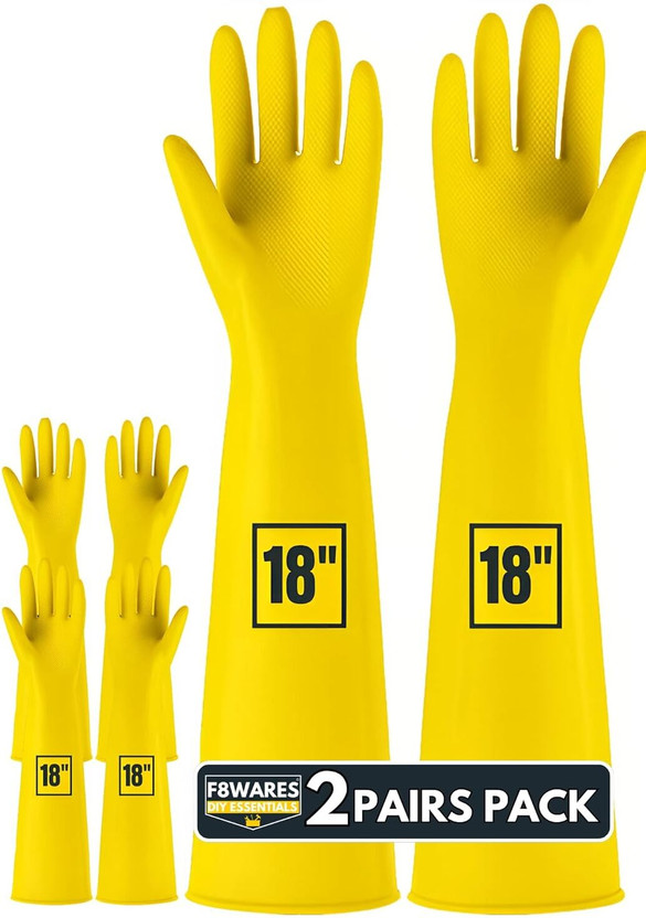 F8WARES 18inch Long Washable Heavy-duty Reusable Dishwashing Kitchen Industrial Gardening Latex Rubber Cleaning Hand Gloves For Men Women Wet and Dry Glove Set(Large Pack of 2)