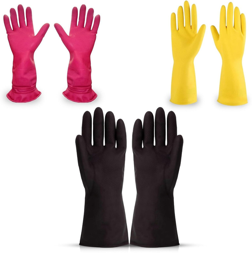 Hy-savio Combo Rubber Cleaning Hand Gloves For Kitchen, Bathroom, Floor Cleaning,Laundry Wet and Dry Glove Set(Large Pack of 3)
