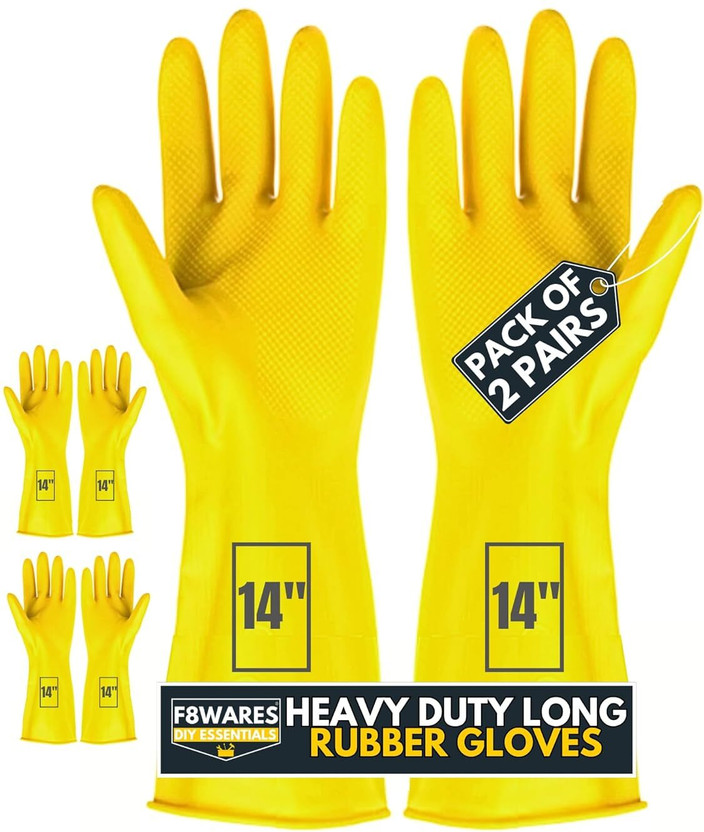 F8WARES 14inch Reusable Dishwashing Industrial Gardening Cleaning Rubber Hand Gloves Wet and Dry Glove Set(Large Pack of 2)
