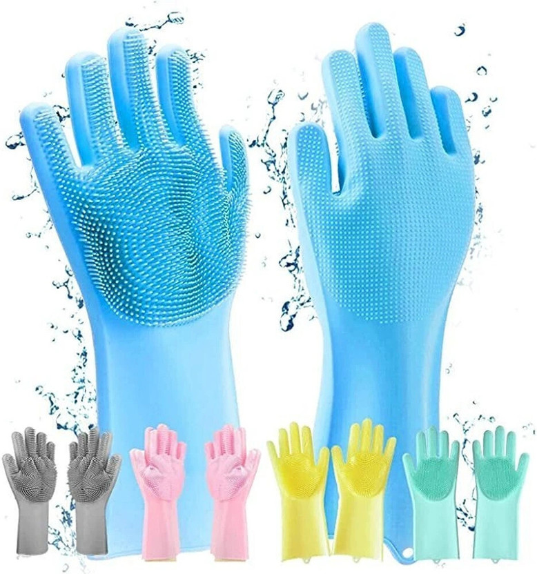 WISHLIST Silicone Dish Washing Gloves | Multicolor Kitchen Cleaning Gloves with Scrubber Wet and Dry Glove(Free Size)