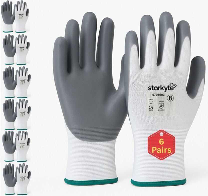 starkyte 6 PAIR Nylon Safety Industrial Work Hand Gloves Fit HALLMARK Nitrile 12 PCS Wet and Dry Glove Set(Free Size Pack of 12)