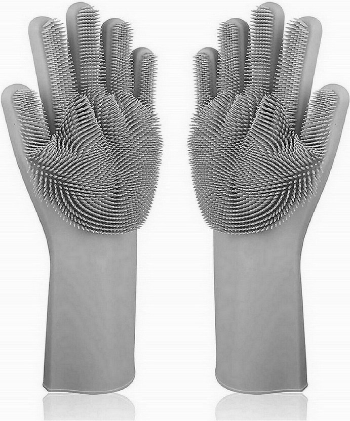 Masox Store Silicone Cleaning Gloves for Kitchen Dishwashing Pet Grooming Glove Set Wet and Dry Glove Set(Free Size Pack of 2)