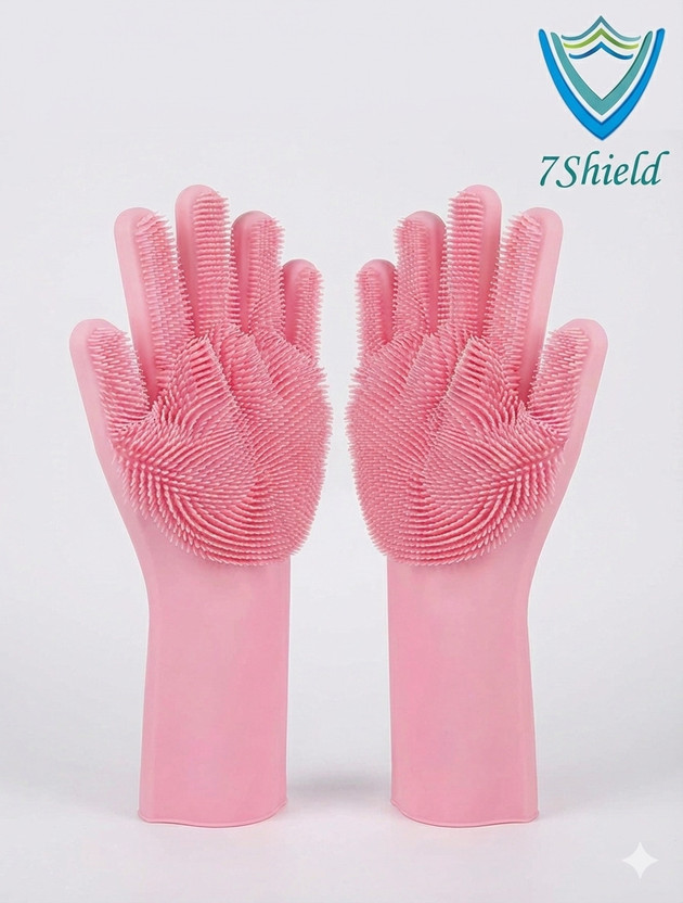 7SHIELD Silicon Hand,Washing,Cleaning,Kitchen,Dish,Soft Bristles,Pet Grooming Gloves Wet and Dry Glove(Free Size)